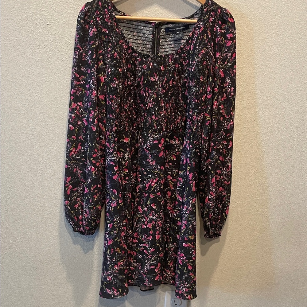 French Connection XL Black Floral Smocked Waist, Long Sleeve Dress, flowy skirt
